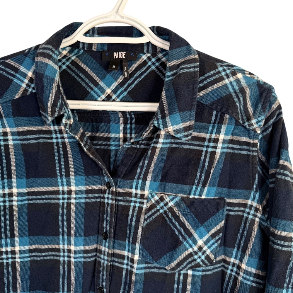 Paige Flannel Shirt Top Button Down Womens M Blue Plaid L/S Cotton Pocket